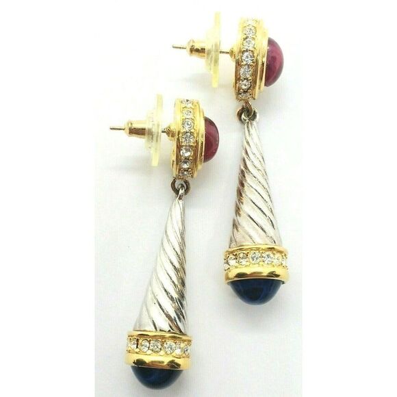 Givenchy Paris Faux Sapphire Ruby Silver & Gold Plated Crystal Dangle Earrings - Picture 2 of 3